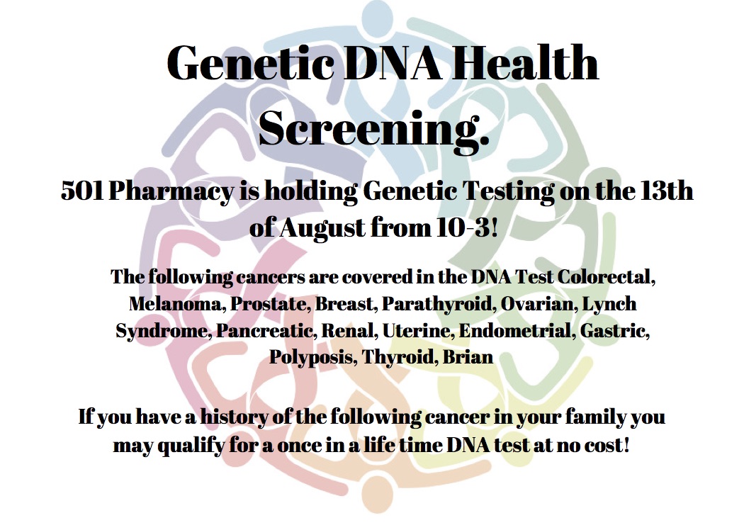 We are hosting a Genetic DNA Health Screening for patients 65 and older at 501 Pharmacy on Tuesday, August 13, 2019, from 10 a.m. until 3 p.m. Unlock your family history of hereditary cancer and discover how genetic screening may be important to your family's lineage.